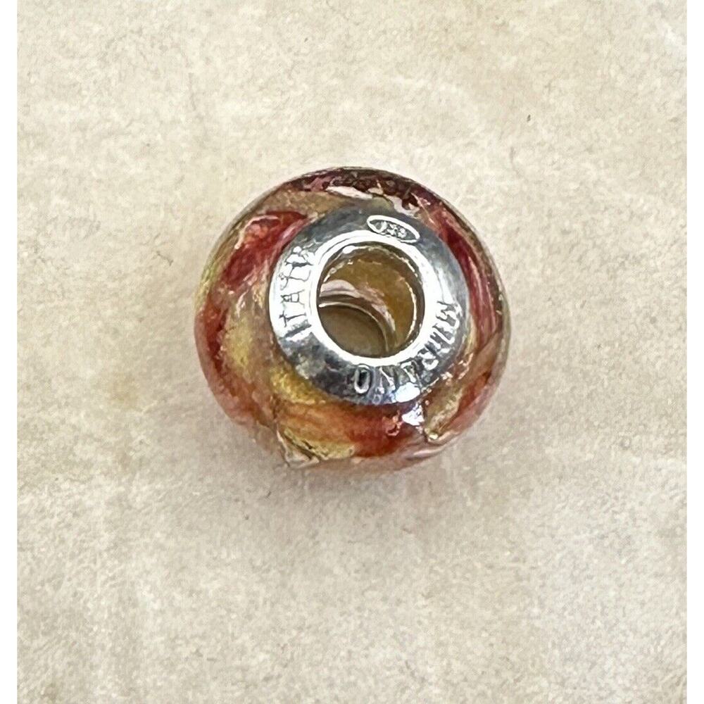 925 Sterling Murano Italy Glass Charm Bead Gold Swirl Orange Red
